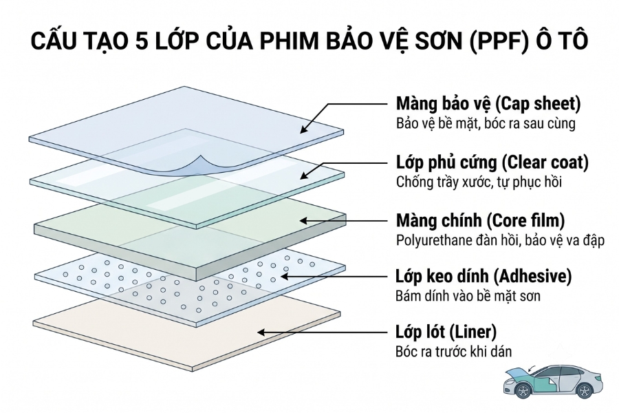 Minh họa 5 lớp cấu tạo l&ecirc; film PPF d&aacute;n &ocirc; t&ocirc;