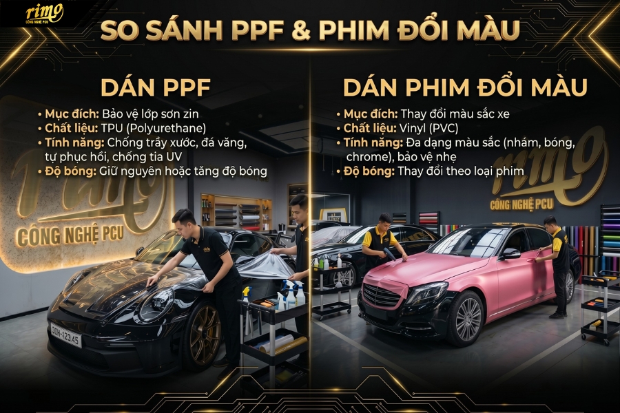 So s&aacute;nh d&aacute;n PPF &ocirc; t&ocirc; v&agrave; phim đổi m&agrave;u c&oacute; nhiều điểm kh&aacute;c biệt