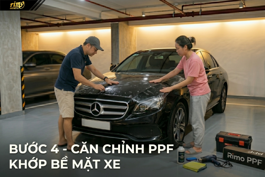 Bước 4: Đặt tấm phim PPF l&ecirc;n xe v&agrave; căn chỉnh